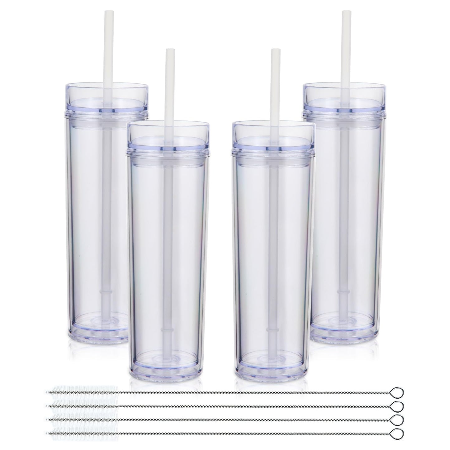 Volhoply 16oz Plastic Skinny Tumbler with Lid and Straw Bulk 4 Pack,Insulated Double Wall BPA Free Matte Acrylic Tumblers,Iced Coffee Travel Mug Reusable Party Cup,Customizable Diy Gifts(Clear,4 Set)