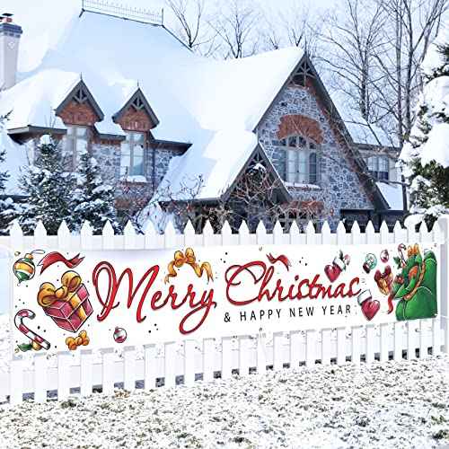 Probsin Large Merry Christmas Banner 120" x 20" Xmas Outdoor Decorations Double Printed Happy New Year Yard Sign Holiday Party Supplies Backdrop Home Decor for Garden House Fence Garage Indoor Gifts