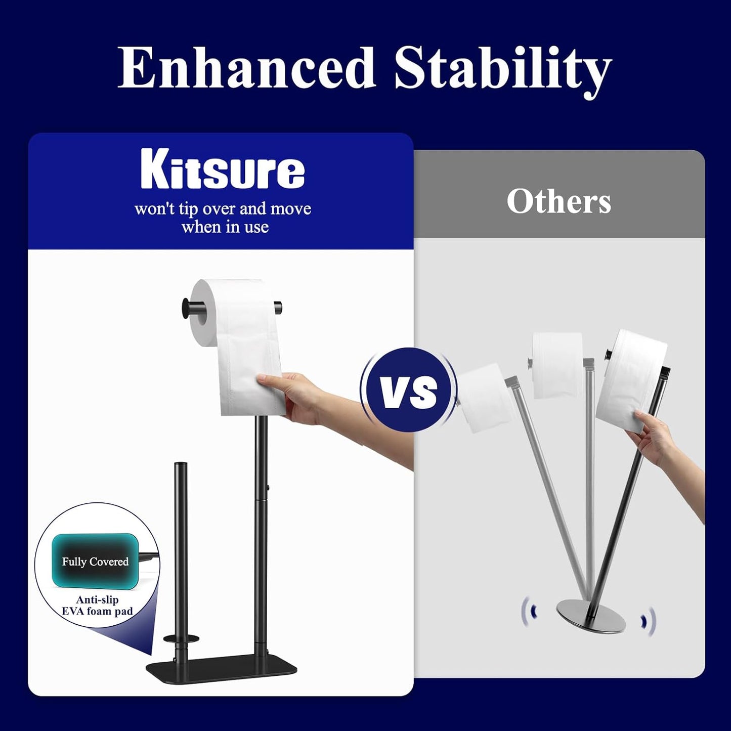 Kitsure Toilet Paper Holder - Rustproof Free Standing Design for 4 Rolls | Non-Slip Stable Base, Black