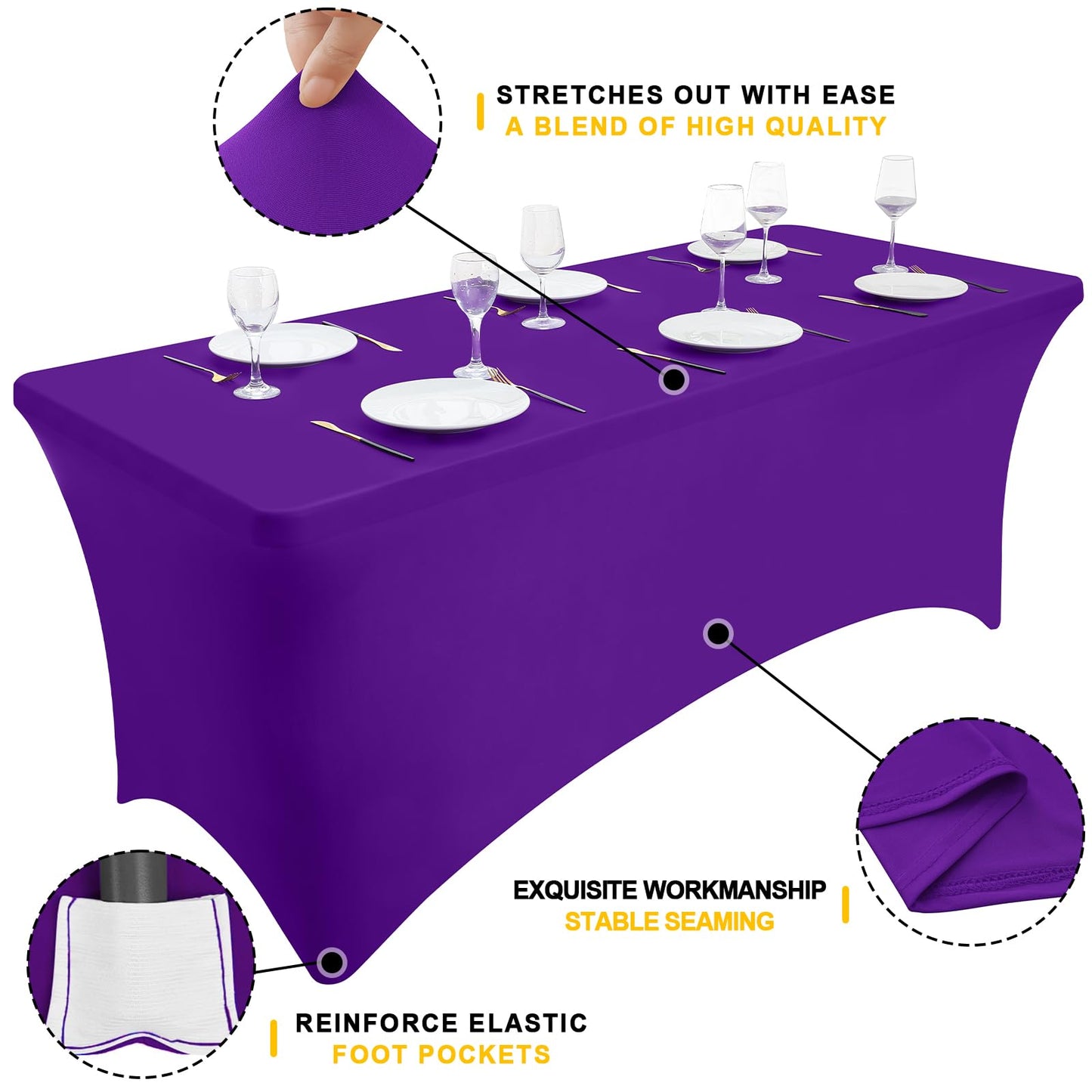 Smiry 2 Pack Spandex Table Cloth 8FT, Elastic Fitted Stretch Tablecloths for Rectangle Tables, Washable Table Cover for Outdoor, Wedding, Banquet & Parties (Purple, 96Lx30Wx30H Inch)