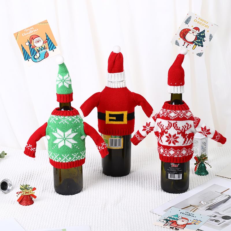 Christmas Sweater Wine Bottle Cover Set (3 Pack) with Hat - Holiday Party Decor