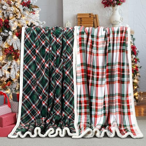 KEASKELL 2Pcs Christmas Holiday Plaid Throw Blanket Set Checkered Rustic Red Green