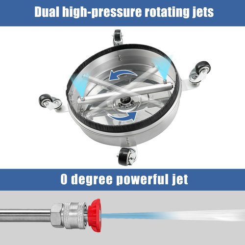 Janz 14" Pressure Washer Surface Cleaner - Stainless Steel Housing, 4 Wheels, 4000 PSI, 2 Extension Wands & Nozzles