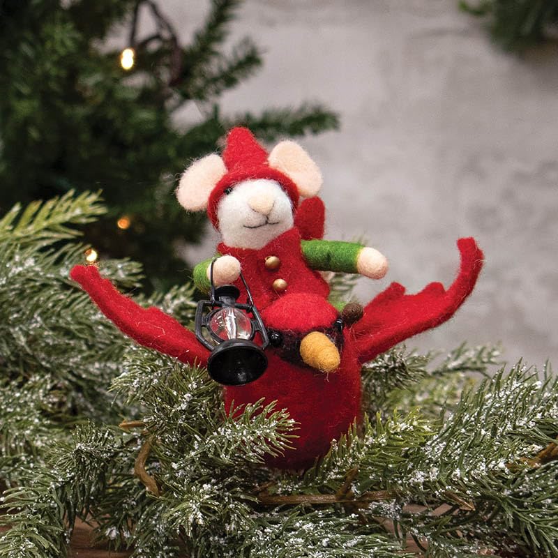 Bright Ideas Festive Mouse on Flying Cardinal Felted Christmas Ornament