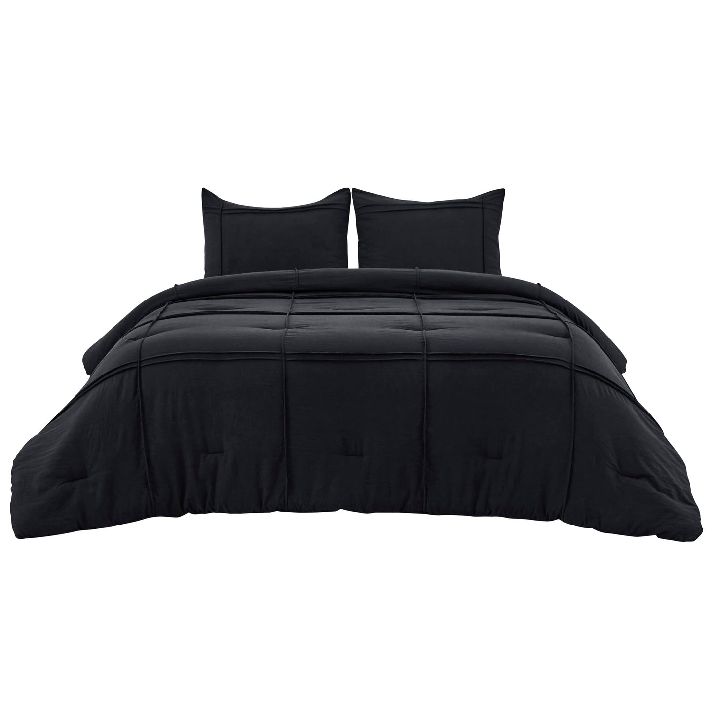 Bedsure California King Comforter Set with Sheet - 4 Pieces Soft Black Bedding, Grid Pinch Pleat, All Season Lightweight Fluffy Bed Set with Solid Boho Comforter, Pillowcases & Sheet