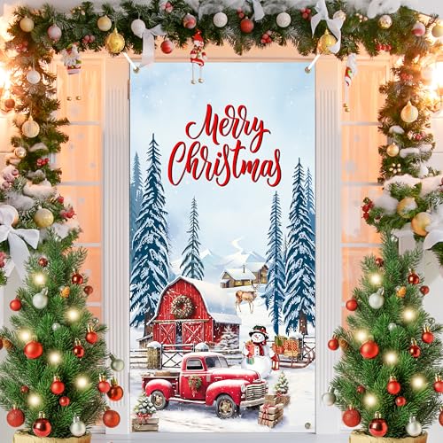 Fayoo White Snowmen Christmas Door Banner 35x70 inches with Rope - Holiday Decor