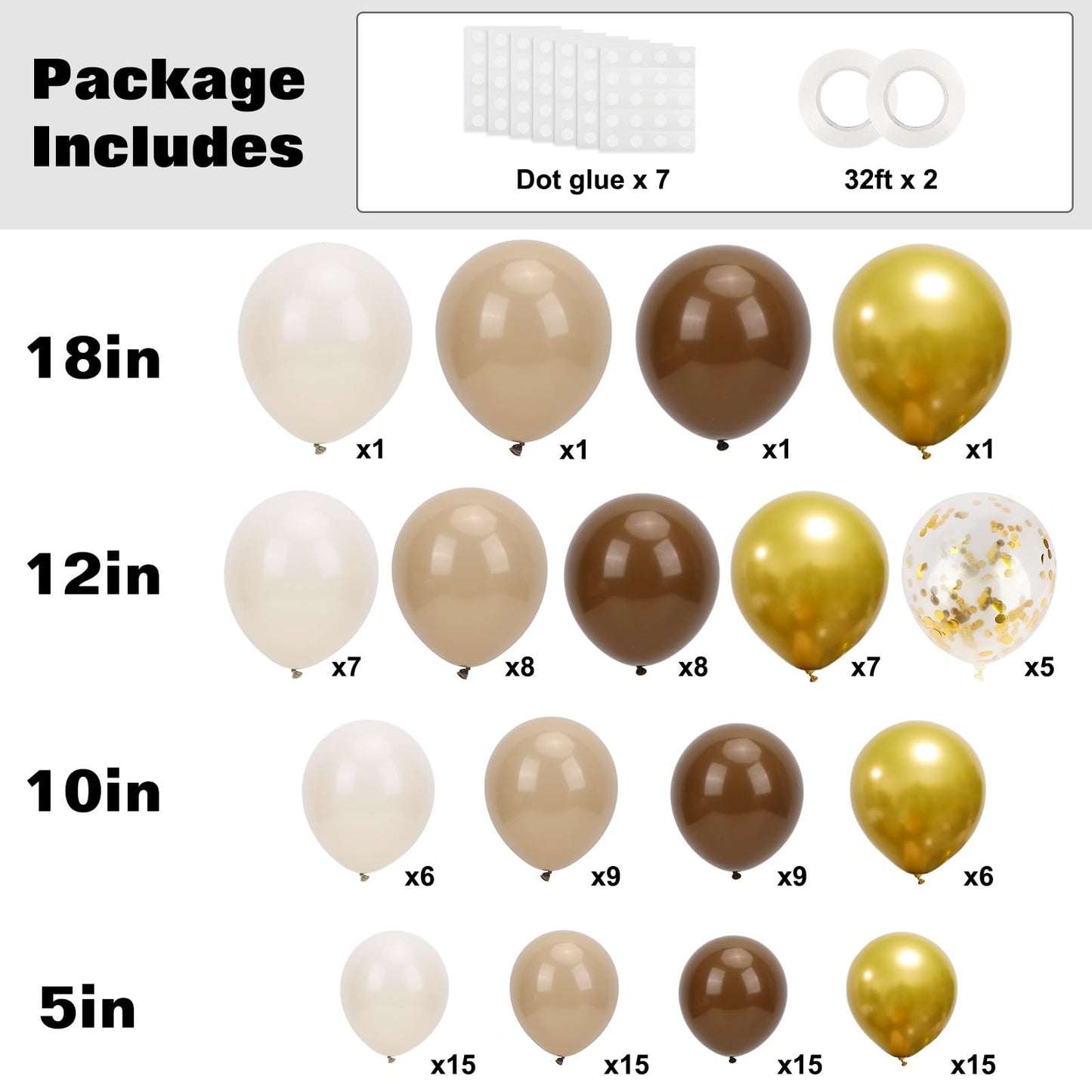 RUBFAC Brown Balloon Garland Arch Kit 129pcs Different Sizes Pack of 18 12 10 5 Inch, Latex Light Brown Coffee Sand White Cream Beige Confetti Gold Balloon Garland Arch Kit for Neutral Boho Bear
