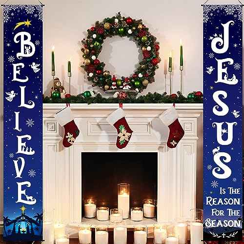 Tiamon Christmas Front Porch Banners Winter Religious Nativity Scene Sign Holiday Hanging Banner Xmas Decoration for Front Door Believe Jesus Is the Reason for the Season 12 x 71 Inch (Snowflake)