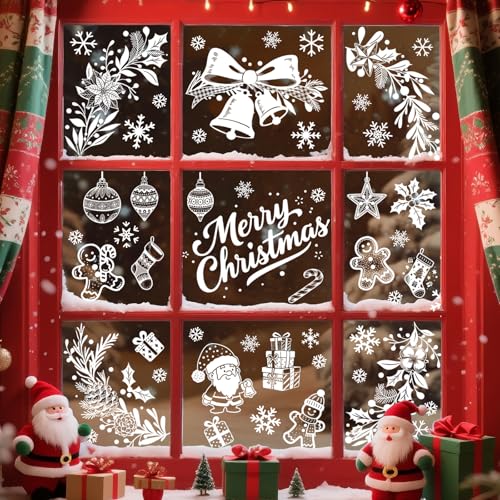 Tanlaby 9 Sheets White Christmas Window Clings Xmas Wreath Window Stickers Snowflake Santa Window Decals Static for Glass Windows Doors Xmas Home Decor Party Supplies