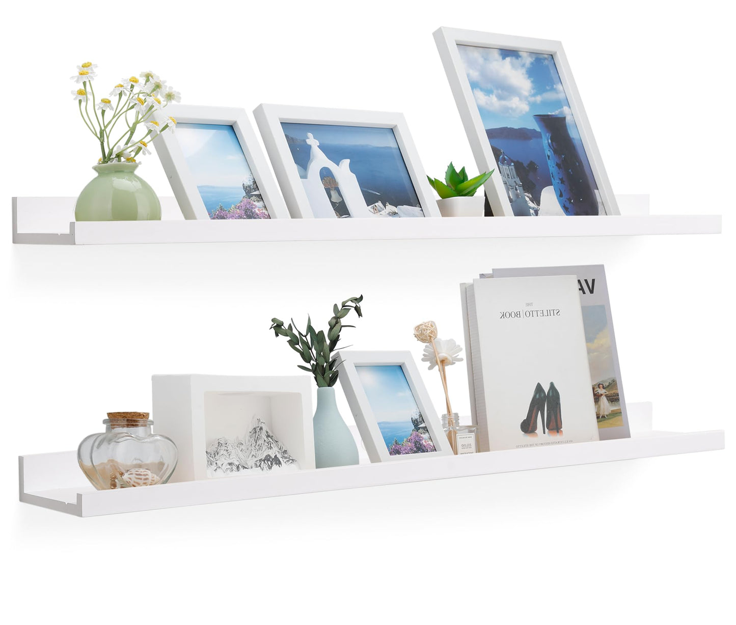 MBYD 48 Inch White Solid Wood Floating Picture Ledge Shelves Set of 2, Nursery Book Shelves Wall Mounted for Kids Room, Rustic Display Ledge for Books, Vinyl Records, Photo Frames & Farmhouse Decor