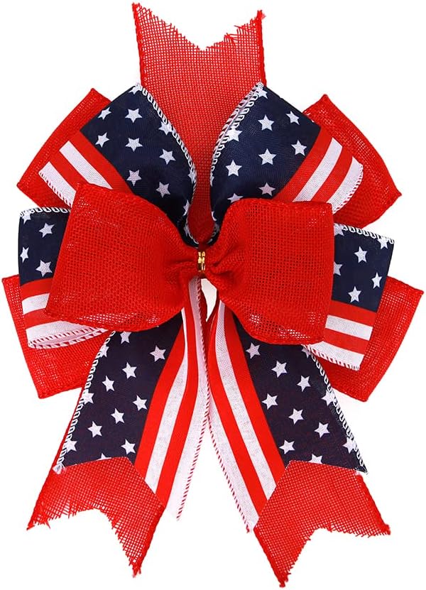 Meseey Patriotic Bows for Wreaths - Large Burlap Red, White & Blue Stripe Stars Bow | 12” x 9.4” for 4th of July Decor