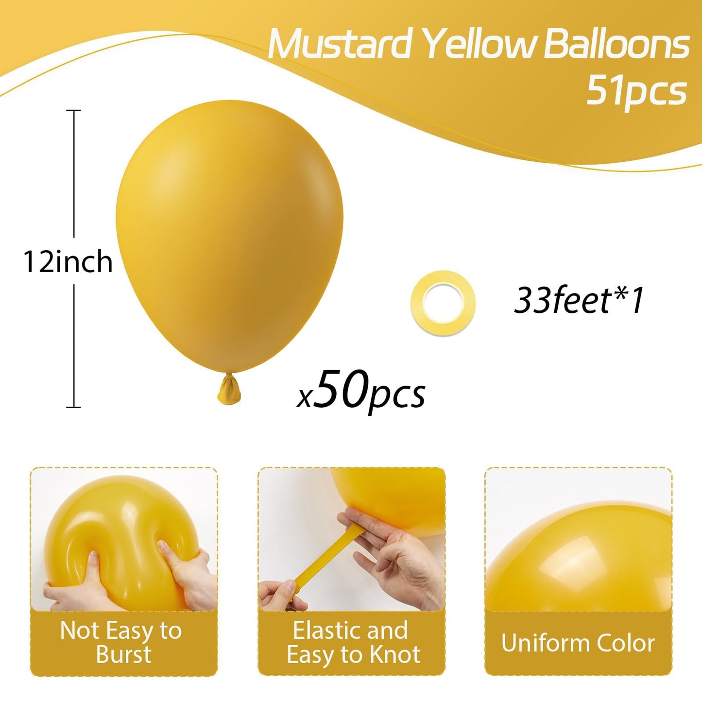 Mustard Yellow Balloons 12 inch, Mustard Yellow Latex Balloons 50pcs Party Balloons for Sunflower Bee Thanksgiving Fall Baby Shower Birthday Party Decorations