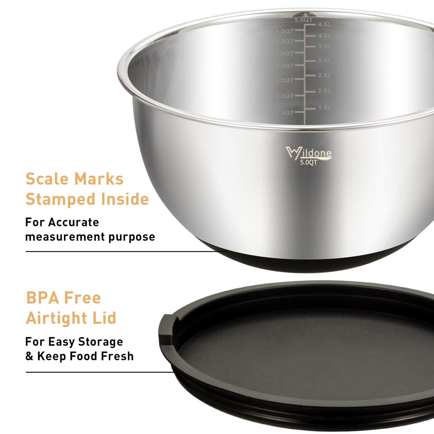 Wildone Mixing Bowls with Airtight Lids Set, 5PCS Stainless Steel Nesting Bowls for Kitchen, with Grater Attachments & Non-Slip Bottoms, Size 5, 3, 2, 1.5, 0.63 QT, Great for Mixing & Serving