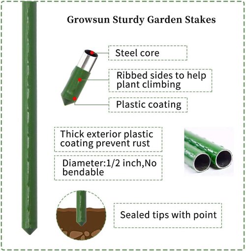 Growsun 4ft Metal Garden Stakes - Durable Plastic Coated Plant Supports for Tomatoes & Climbing Plants | 25 Pack