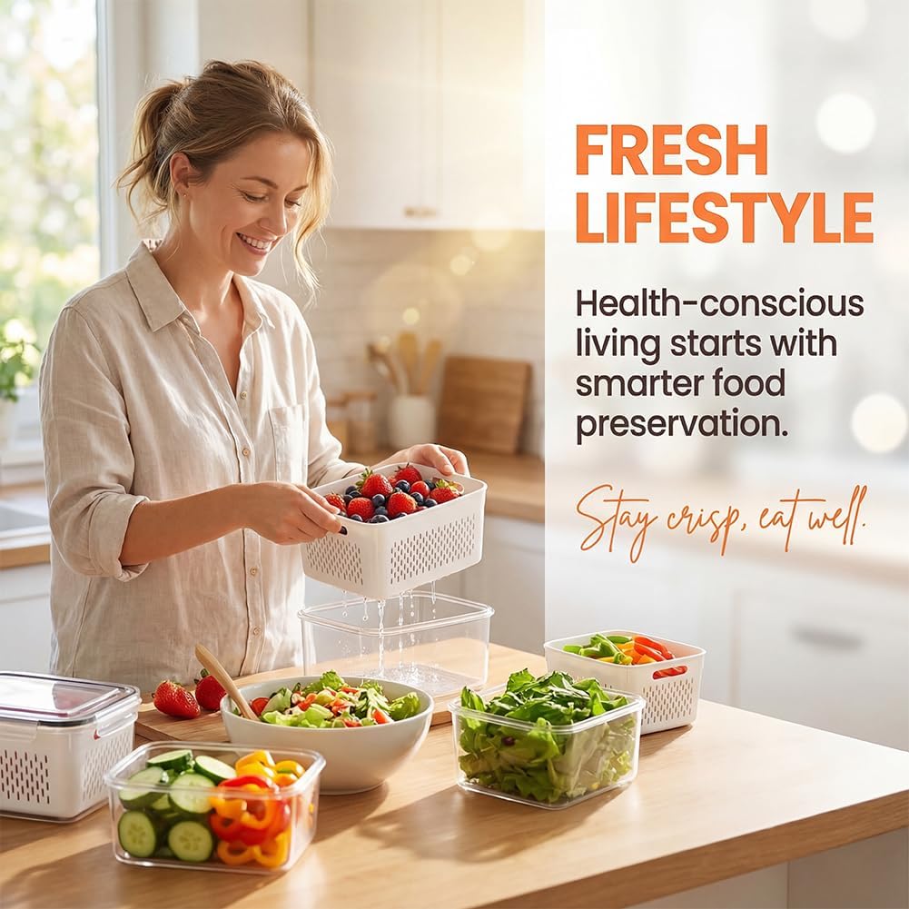 Skiennix 4-in-1 Food Storage Container - Versatile Fruit Storage with Removable Colanders | Gray, Small & Medium