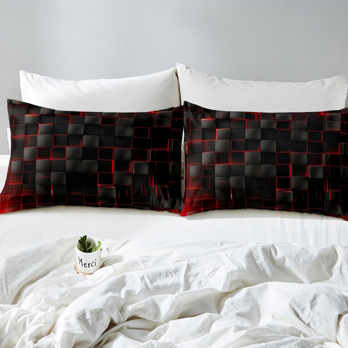 Manfei Abstract Sheet Set Full Size, Modern Geometric Square Grid Bedding Set for Kids Boy Girl Room Decor, Red and Black Bed Sheet Set 4pcs with Deep Pocket Fitted Sheet + Flat Sheet + 2 Pillowcases