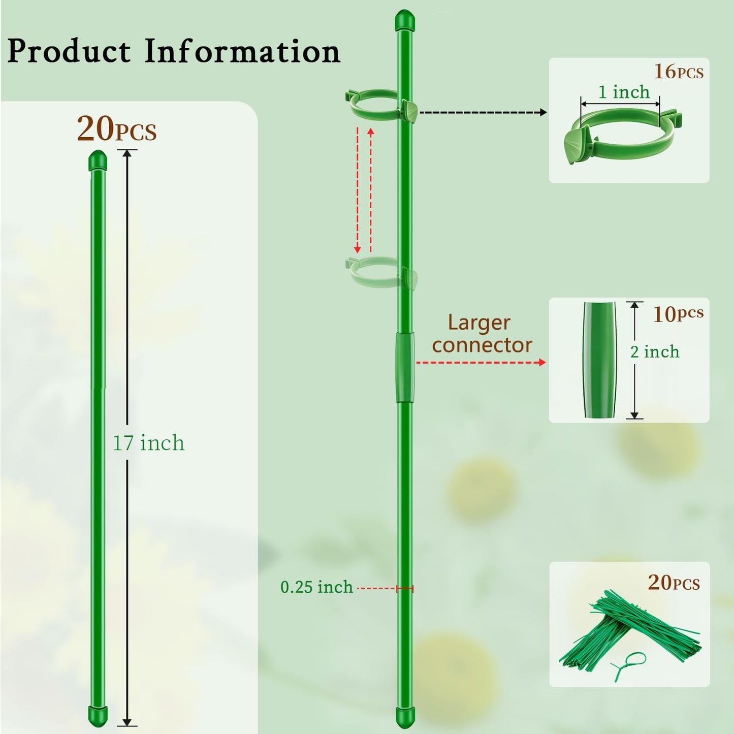 SupKing Plant Support Stakes - 20 Pcs 17-Inch Adjustable Garden Poles with Clips for Indoor/Outdoor Use