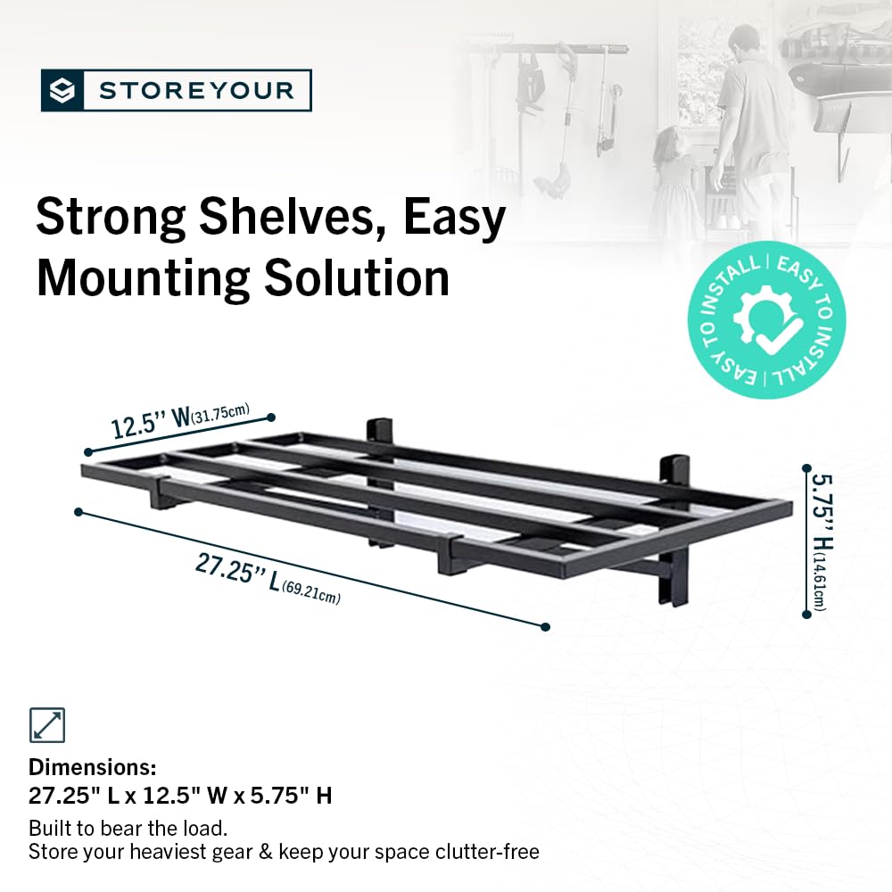 StoreYourBoard Garage Shelving Wall Mounted | 1x2 Heavy Duty Wall Mounted Shelves 2-Pack, 12.5” Wide x 27.25” Long x 6” High | Steel Wall Shelf Garage Storage, 100 lb Each/200 lb Total Capacity, Black