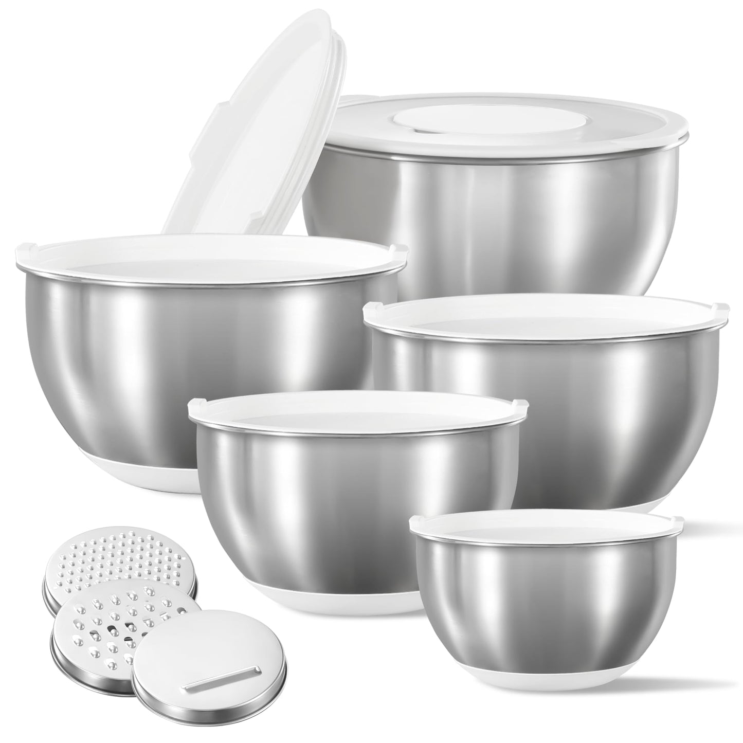 CAROTE Stainless Steel Mixing Bowls with Lids Set,12 Pcs Nesting Bowls Clear Airtight Lids 3 Grater Attachments,Non-Slip Bottoms & Measurement Marks Mixing Bowls,Size 5,3,2,1.5,1QT