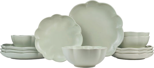 Sango 12-Piece Scalloped Dinnerware Set - Sage Green Ceramic Dishes for 4 | Chip Resistant & Dishwasher Safe