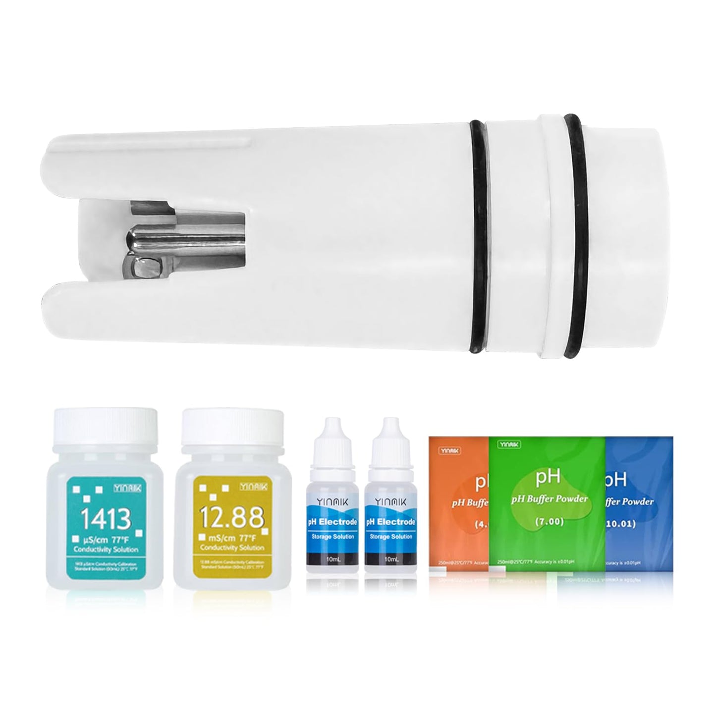 YINMIK Original Electrode for YK-T4,YK-T4P, YK-T5,YK-4,YK-4S, with EC Calibration solition 1413μS/cm &12.88mS/cm, 4.00,7.00,10.01 pH Calibration Buffer Powder, 2 * 10ml pH Probe Protection Liquids