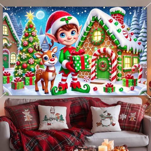 Merry Christmas Banner 71 x 43 in - Reindeer Elf Village Backdrop for Holiday Decor