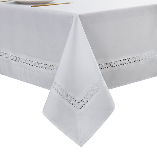 EHouseHome Heavy Duty Fabric Tablecloth with White Lace-Waterproof/Wrinkle Free/Stain Resistant/Oil Proof-for Dining,Indoor&Outdoor,Wedding,Holiday,White,Rectangle 60x84Inch