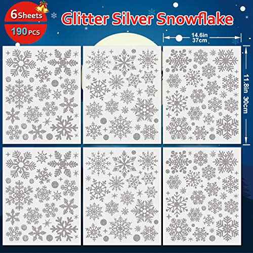 Glitter Snowflake Window Clings Christmas Window Decals for Glass Winter Xmas Navidad Decorations 190 Pcs (Sliver)