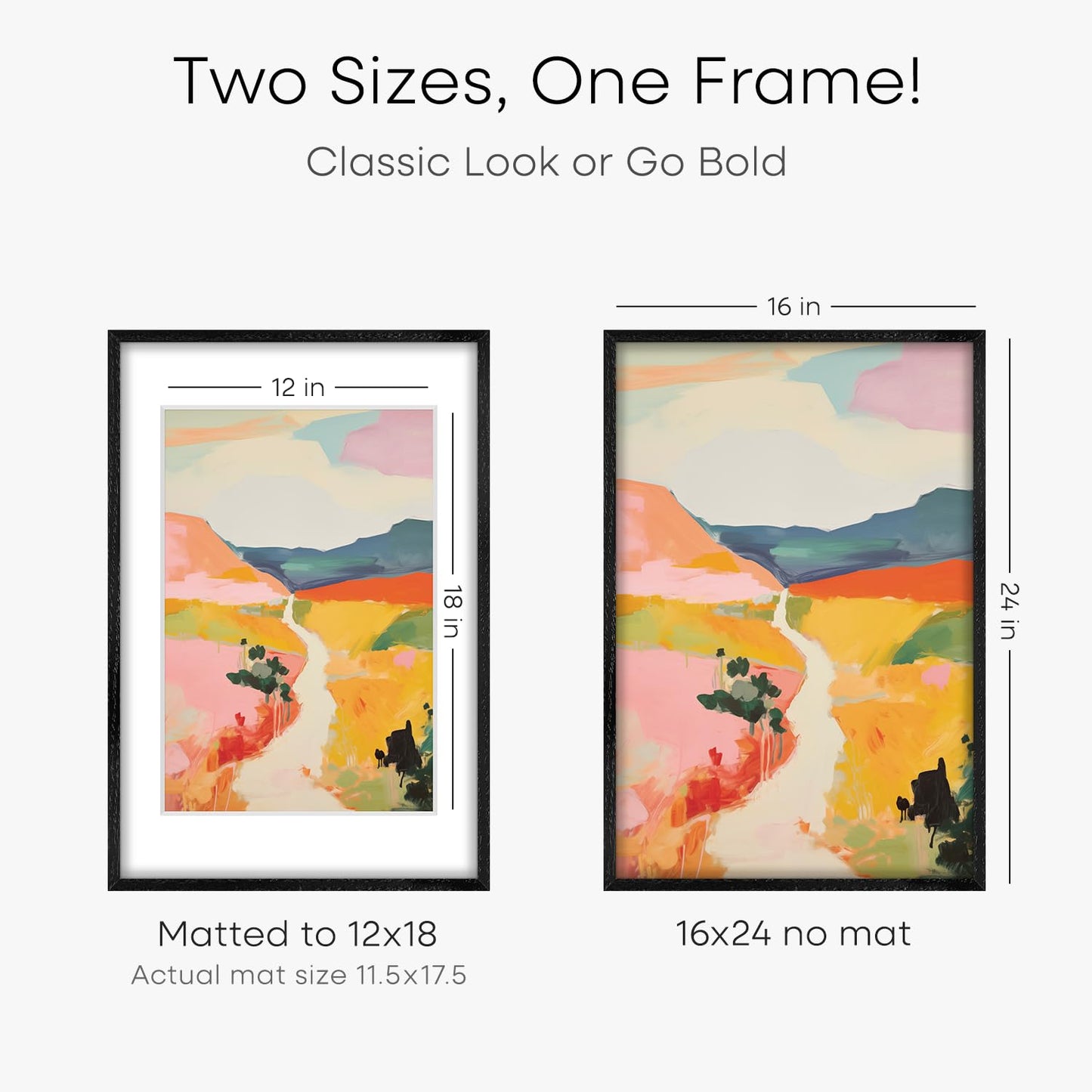 Homeforia 16x24 Black Wood Frame, High End Oak 16x24 Picture Frames with Mat 12x18 Photo, 16 x 24 Wooden Poster Frame Matted to 12 by 18 Print, 24x16 Hanging Frames, Tempered Glass, Wall Kit, Set of 1