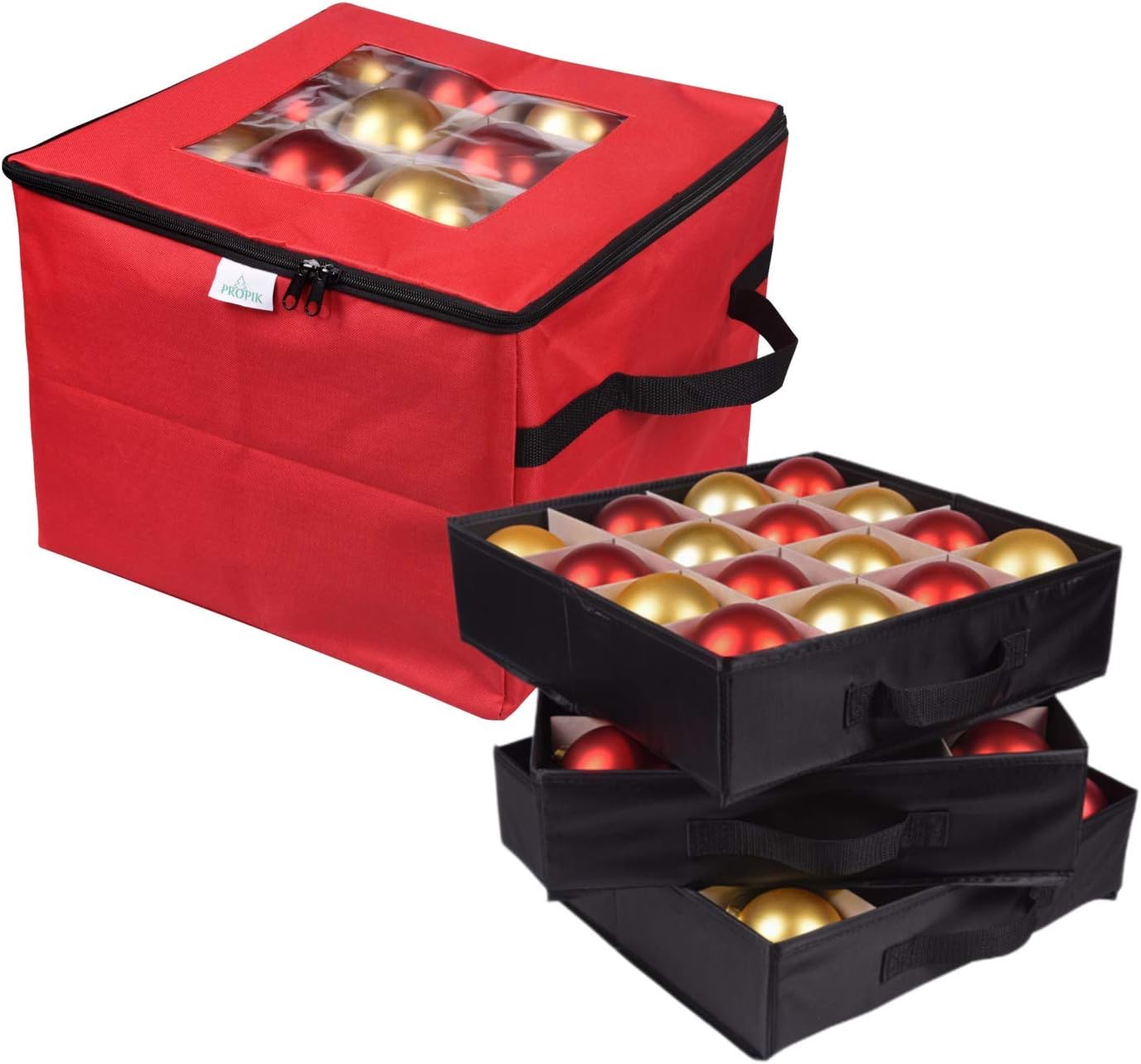 ProPik Christmas Ornament Storage Box - Organizes Up to 48 Xmas Balls with 3 Removable Trays | Red