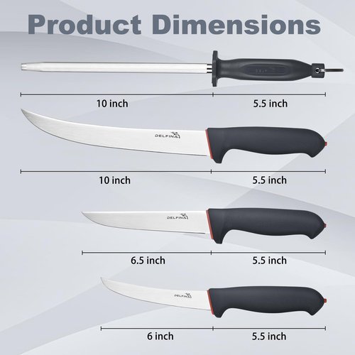 DELFINA 4 PCS Butcher Knife Set, German 1.4116 Steel Blade For Meat Cutting Skinning Boning Trimming, Non-Slip Softgrip & Incl. 10" Sharpener Rod