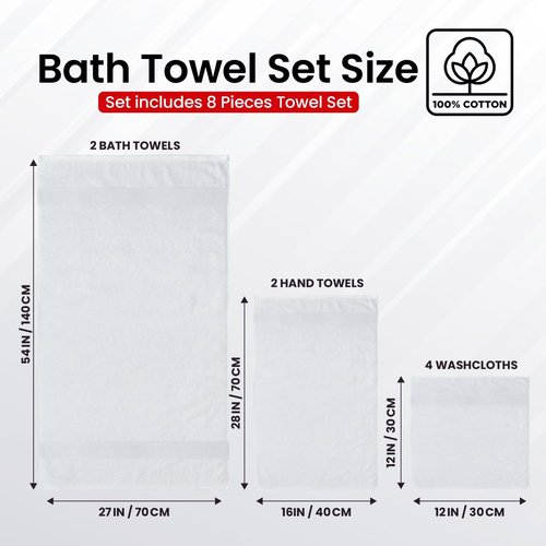 Infinitee Xclusives Luxury 100% Cotton Towel Set - 8 Piece Soft & Absorbent Bathroom Towels | Brilliant White