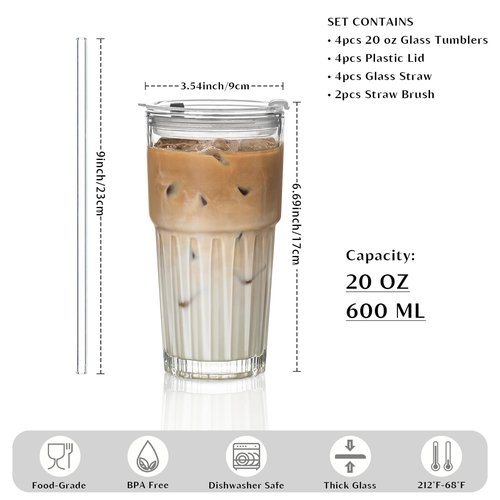 INSETLAN 20 oz Clear Glass Tumbler Set with Lids and Straws – 4-Pack Iced Coffee Cups with Glass Straws & Brushes, Reusable Drinking Glasses for Smoothies, Tea, Juice, Beer, Cold Beverages