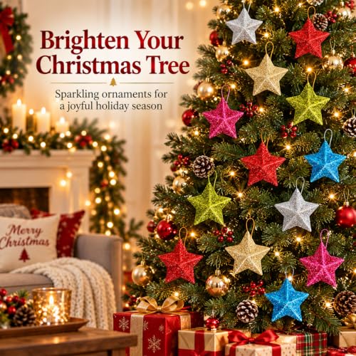 36-Piece Glitter Gold Star Christmas Ornaments Set with Loops