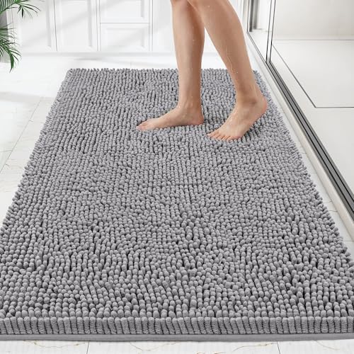 72 x 48 Inch Grey Bathroom Rug Mat - Thick Absorbent Chenille Non-Slip Bath Floor
