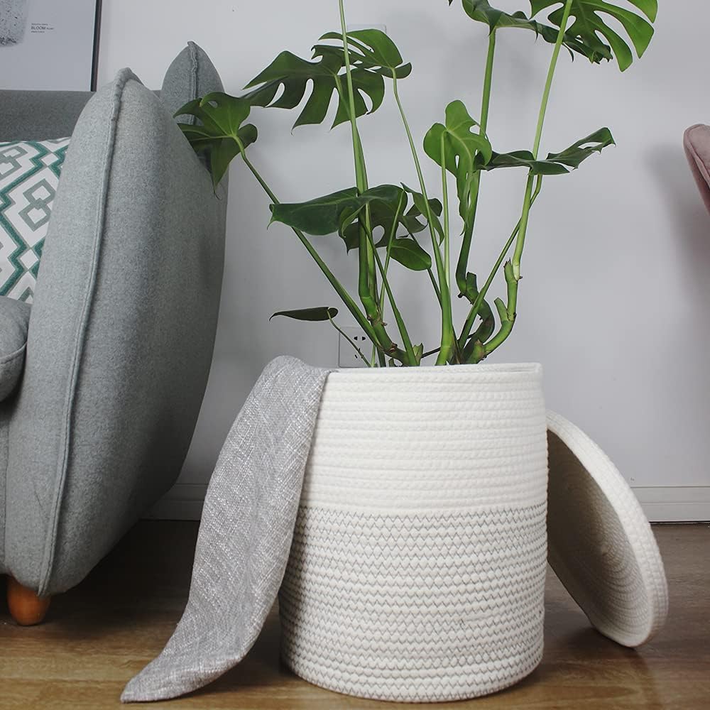 Yimi's Dream Woven Basket - Decorative Rope Storage Solution with Lid | Medium Size for Kids, Toys & Blankets (White & Black, 12D x 13.5H Inch)