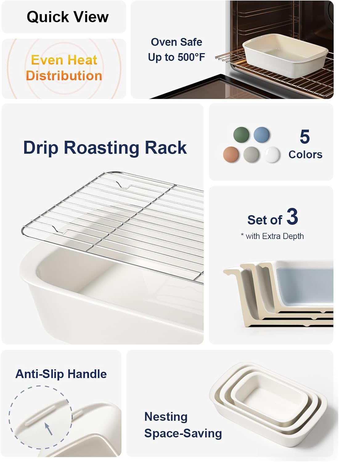 LE TAUCI Deep Casserole Dishes Set - 3-Piece Ceramic Baking Dish Set with Handles, White (4.6QT/3.0QT/1.6QT)