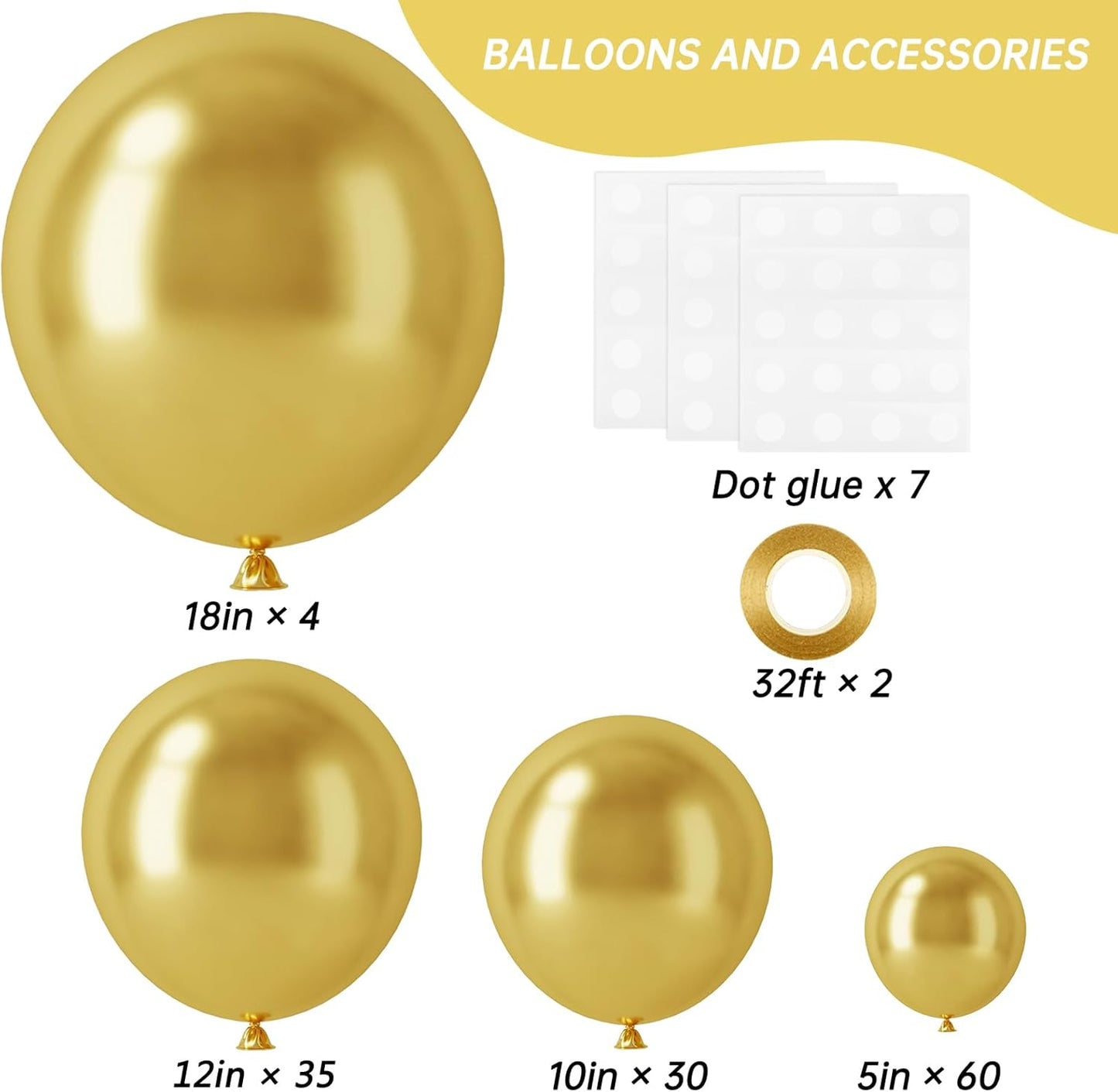 RUBFAC Gold Balloons - 129-Piece Metallic Balloon Garland Kit for Graduation, Weddings & Birthdays | Various Sizes 5-18 Inches