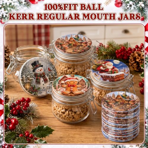 PullCrease 120 Pack Christmas Mason Jar Lids with Holiday Designs - Regular Mouth, Reusable, 70mm