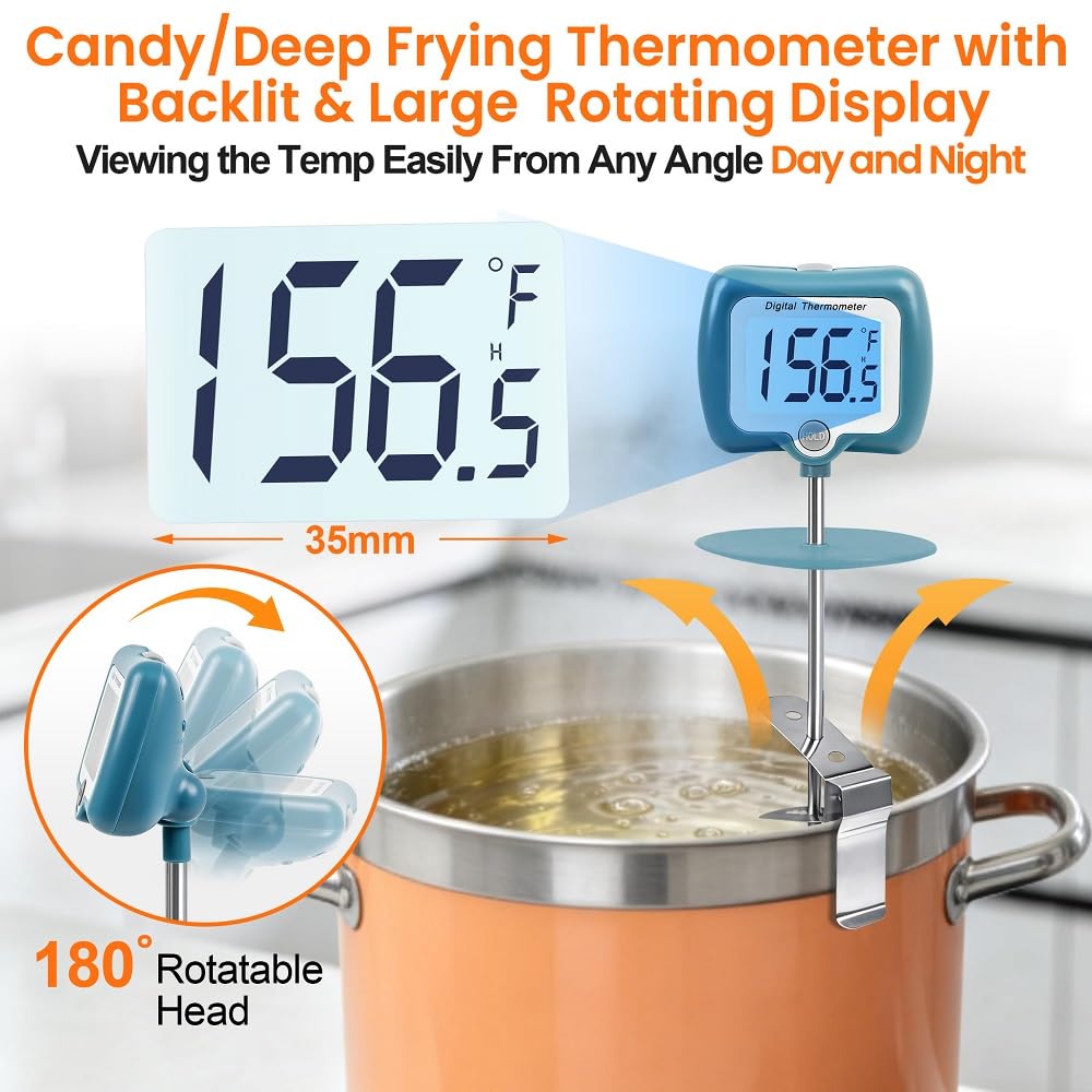 Candy Thermometer for Candy Making with Rotatable Large Display 10'' Long Probe,Digital Instant Read Candy Thermometer with Pot Clip,Candle Smoker, Oil Cooking (Blue)