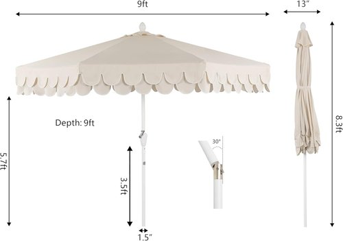 Jonathan Y Umbrella - 9 ft. Classic Mid-Century Scalloped Fringe Patio Umbrella with Auto-Tilt & UV Protection - Cream/White