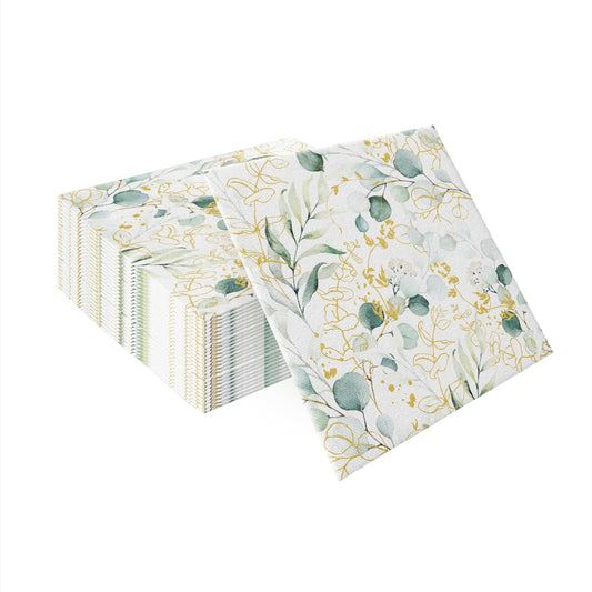 PAW - 50 Pieces Airlaid Paper Linen-Feel Napkins 16" x 16", Disposable Cloth-Like Napkins with Eucalyptus Design, Dinner Napkins for Kitchen, Party, Wedding, Barbecue, Picnic