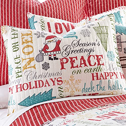 Levtex Home Merry & Bright Collecion - Santa Claus Lane Quilt Set - Full/Queen Holiday Quilt 88x92 + Two Standard Pillow Shams 20x26 - Christmas Script - Red Teal Yellow Green Black White - Reversible