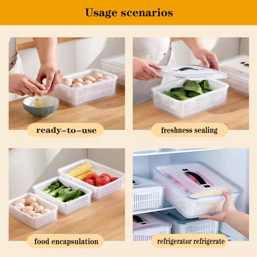 Skiennix 3 PCS Food Storage Containers - Stackable BPA-Free Fresh Keeper Boxes with Lids & Drain Basket