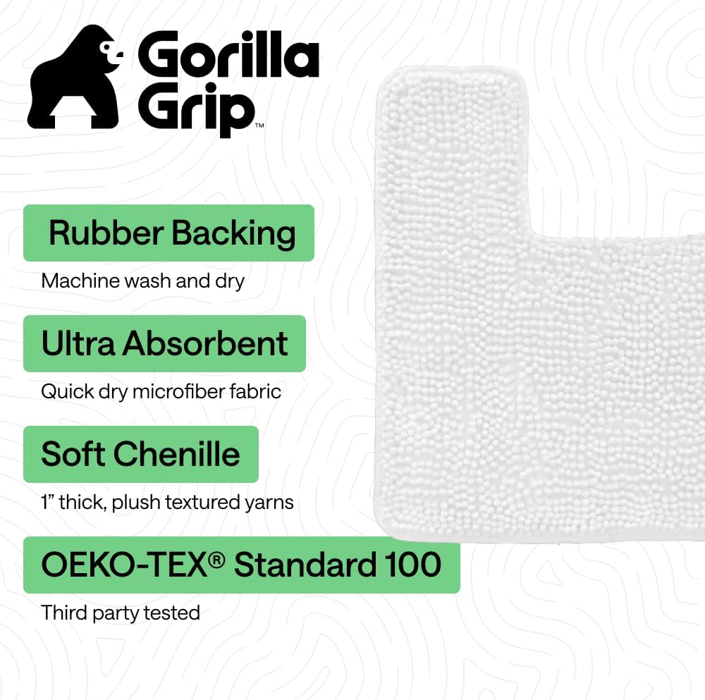 GORILLA GRIP Plush Chenille Bath Rug Mat - Soft, Absorbent, Machine Washable | White, Square Toilet Base