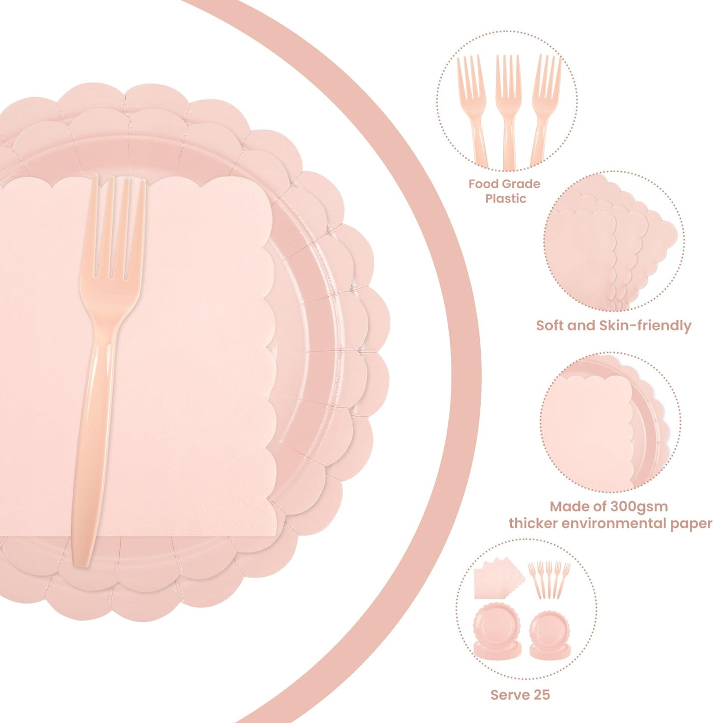 PUEVENYI 96PCS Pink Paper Plates and Napkins, 24 Guest Light Pink Disposable Scalloped Paper Plates Napkins and Forks Decoration Party Supplies for Valentine's Day Birthday Wedding Baby Shower