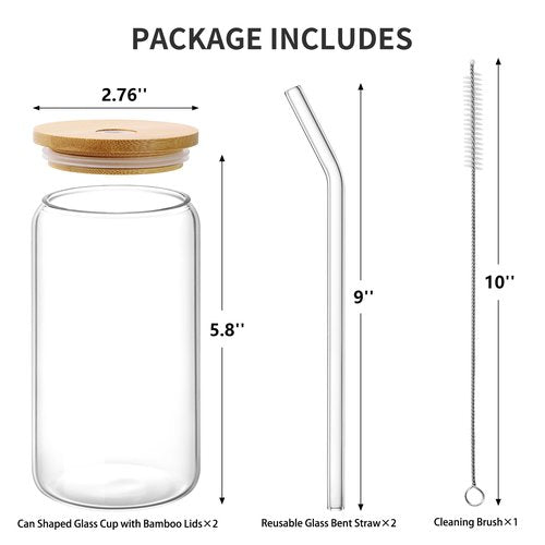 CWHHRN Glass Cups with Lid and Straw, 16oz Beer Glasses Coffee Cups, Iced Coffee Cups with Straw, Glass Tumbler (2 PACK)