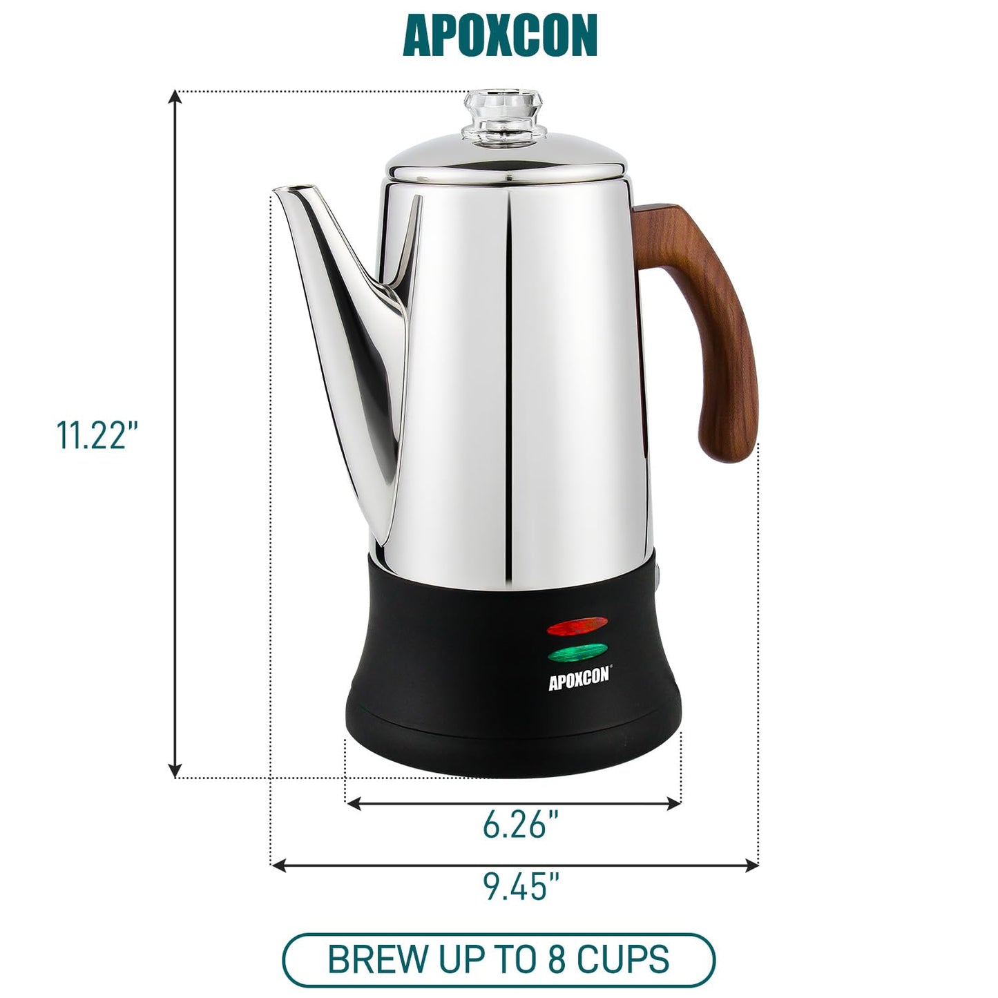 APOXCON Electric Coffee Percolator Stainless Steel Coffee Pot with Two Tough Glass Clear Brew Progress Knob & Treated Solid Wood Handle & On/OFF Switch Auto Keep Warm Cordless Serve (8 Cup)