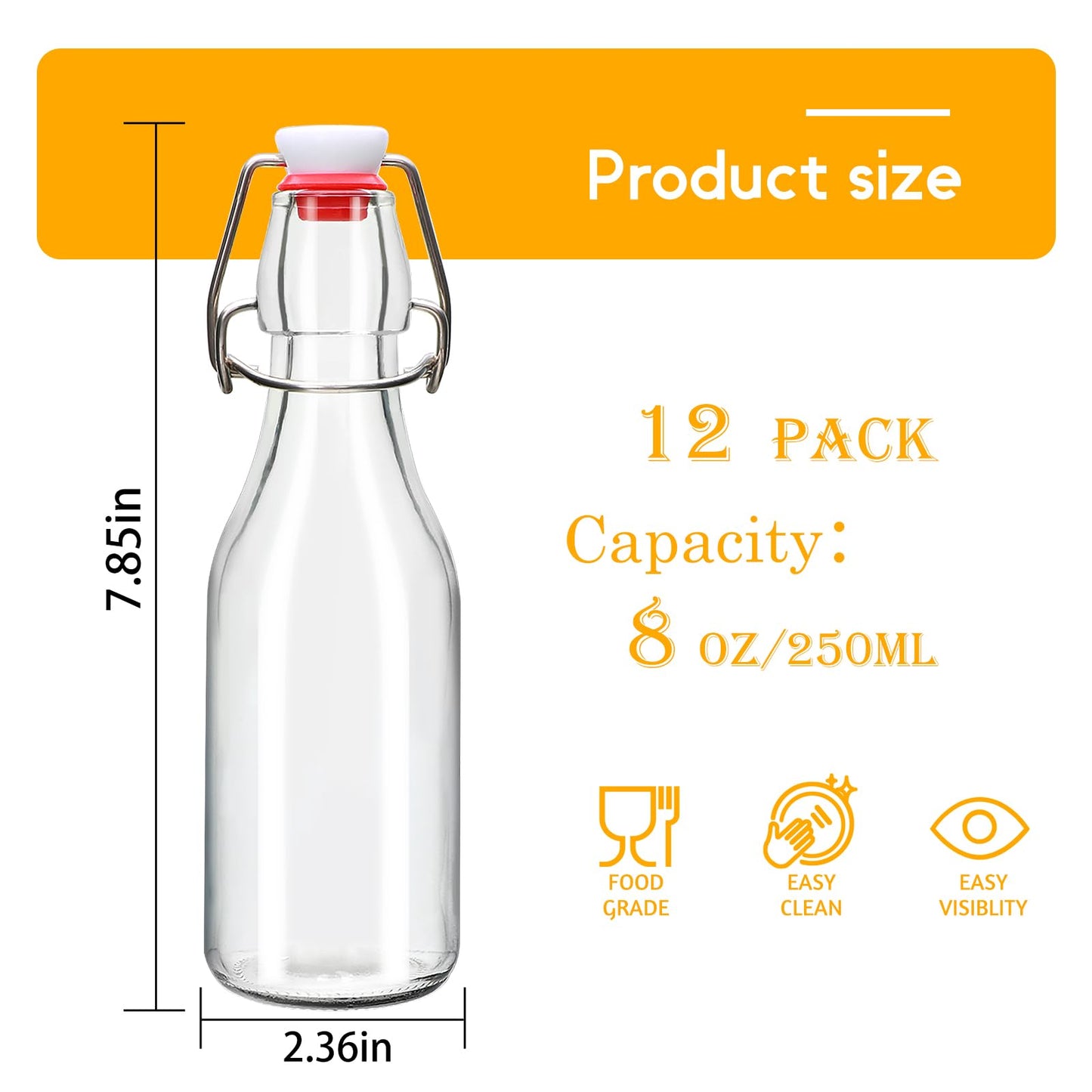 Accguan 8oz Flip Top Glass Bottle,Swing Top Beer Bottle for Kombucha, Kefir, Vanilla Extract, Beer, Beverages, Oil, Vinegar, Beer, Soda,Leak Proof，Juice, Tea(12pcs)