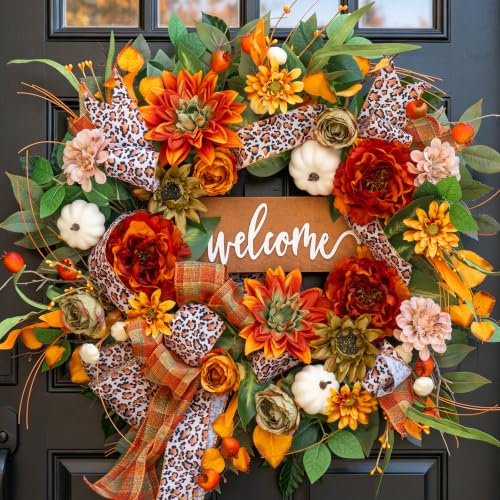NaturaWre 24 Inch Fall Wreath with Welcome Sign & Leopard Ribbon - Autumn Front Door Decor